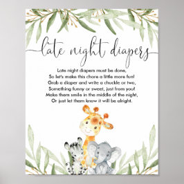 Late nacht diapers baby shower game safari animals poster