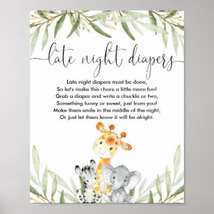 Late nacht diapers baby shower game safari animals poster