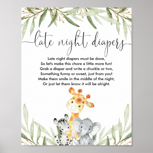 Late nacht diapers baby shower game safari animals poster (Voorkant)