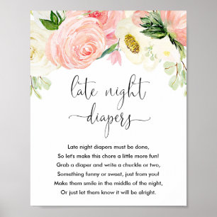 Late nacht diapers baby shower game sign roze goud poster