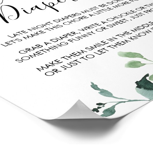 Late nacht Diapers Baby shower Green Foliage Sign Poster (Hoek)