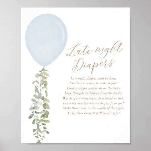 Late nacht Diapers Blue Balloon Boy Baby shower Poster (Voorkant)