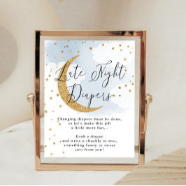 Late nacht diapers Blue Gold Moon Baby shower Game Poster