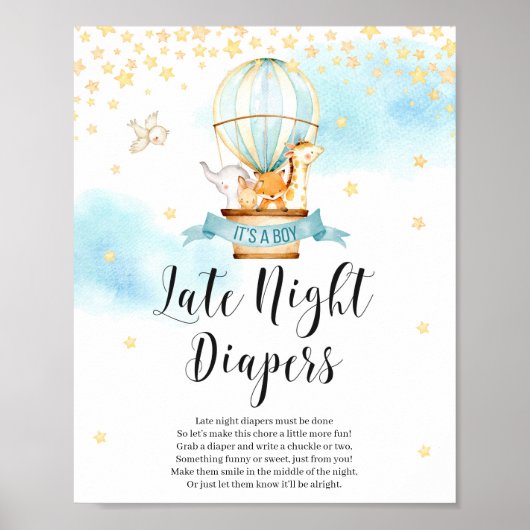 Late nacht diapers game sign Baby shower animals Poster (Voorkant)