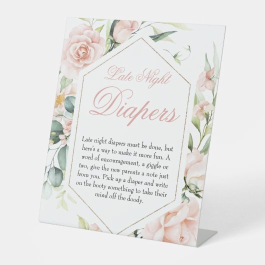 Late nacht diapers Girl Blush Baby shower Sign. Reclamebord Met Voetstuk (Voorkant)