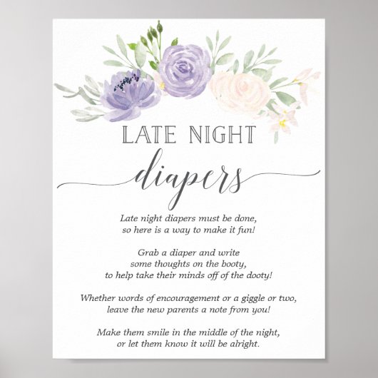 Late nacht Diapers Pastel Paars Baby shower Poster (Voorkant)