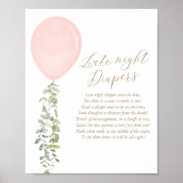Late nacht diapers roze ballonmeisje Baby shower Poster