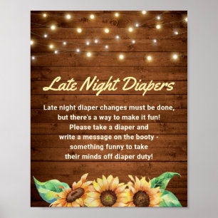 Late nacht diapers Rustic Sunflower Baby shower Poster