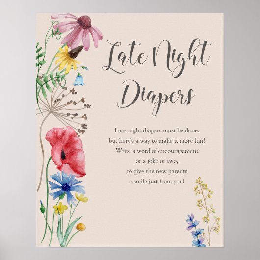 Late nacht Diapers Wildflower Baby shower Game Poster (Voorkant)