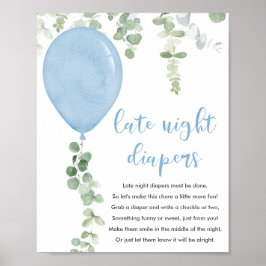 Late nachtduikers tekenen baby shower blauwe ballo poster