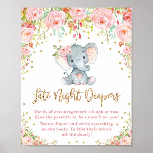 Late nachtkleppen teken roze olifant Baby shower Poster (Voorkant)