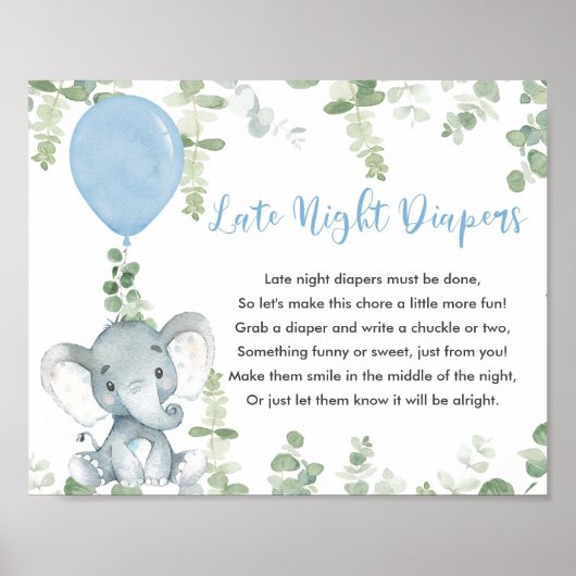 Late night diapers baby shower game blue olifant poster (Voorkant)