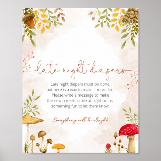 Late Night Diapers Baby shower Sign Woodland Poster (Voorkant)
