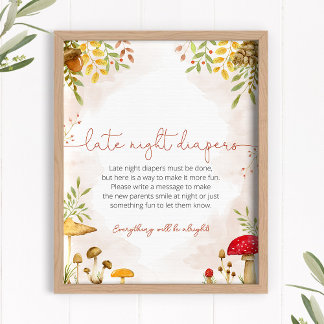 Late Night Diapers Baby shower Sign Woodland Poster