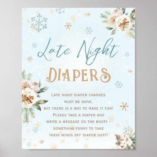 Late Night Diapers Blue Gold Winter Baby shower Poster (Voorkant)