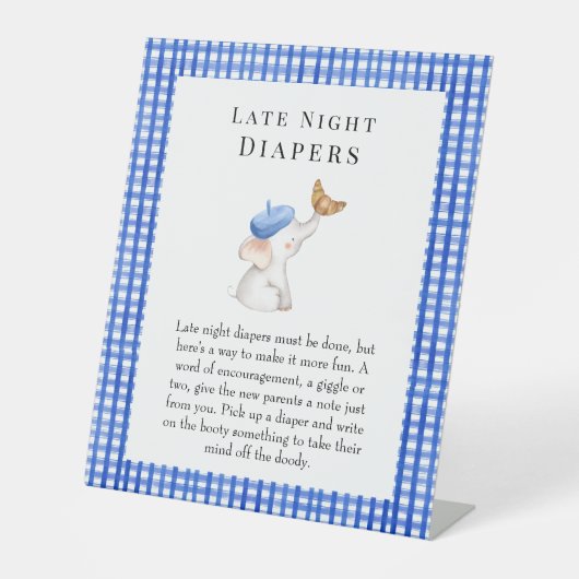 Late Night Diapers Bonjour French Gingham Blue Reclamebord Met Voetstuk (Voorkant)