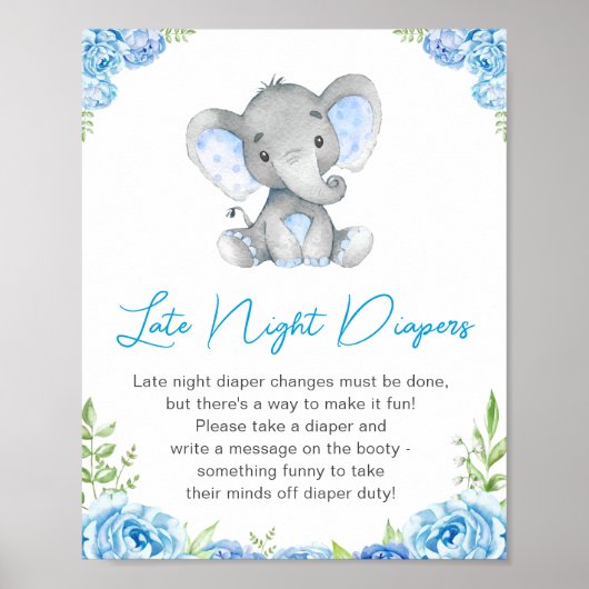 Late Night Diapers Boy Elephant Baby shower Peanut Poster (Voorkant)