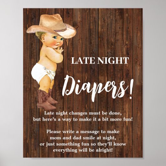 Late Night Diapers Game Cowboy Baby shower Sign. Poster (Voorkant)
