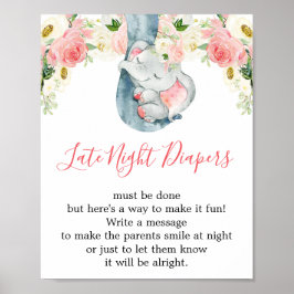 Late night diapers girl baby shower elephant sign poster