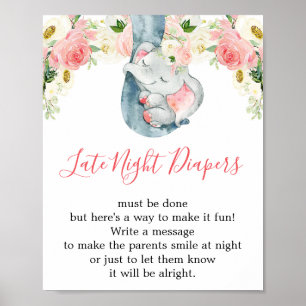 Late night diapers girl baby shower elephant sign poster