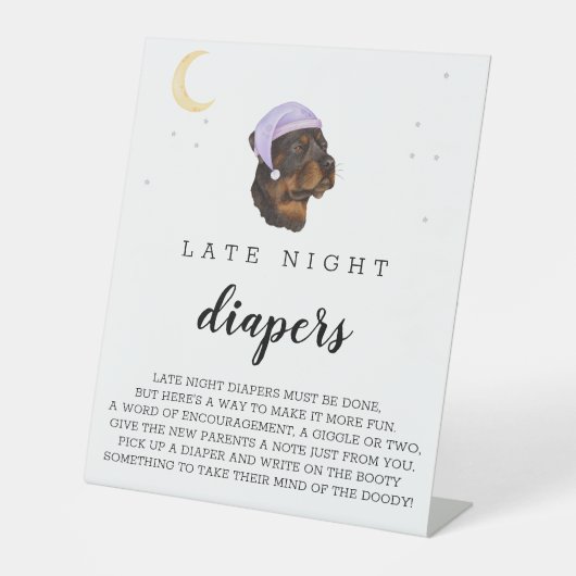 Late Night Diapers Rottweiler Baby shower Reclamebord Met Voetstuk (Voorkant)