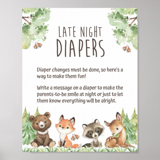 Late Night Diapers Woodland Animals Shower Sign Poster (Voorkant)