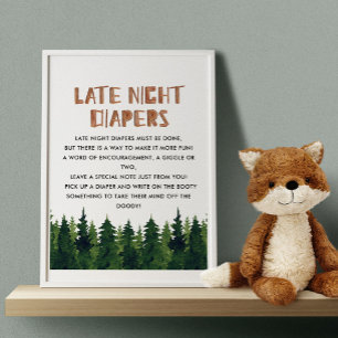 Late Night Diapers Woodland Baby shower Game Poster
