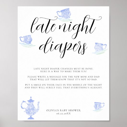 Late Night Luiers Baby Tea China Blauw Wit Kant Poster (Voorkant)