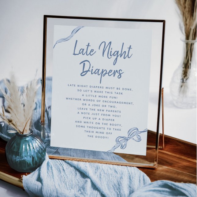 Late Night Luiers Blue Bow Baby shower Game Sign (Creator heeft geüpload)