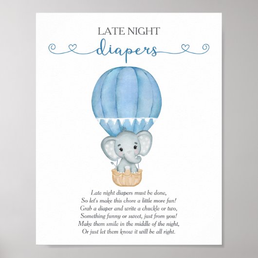 Late Night Luiers Blue Elephant Baby shower Game Poster (Voorkant)