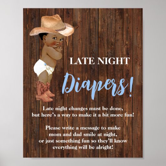 Late Night Luiers Game AA Cowboy Baby shower Sign Poster (Voorkant)