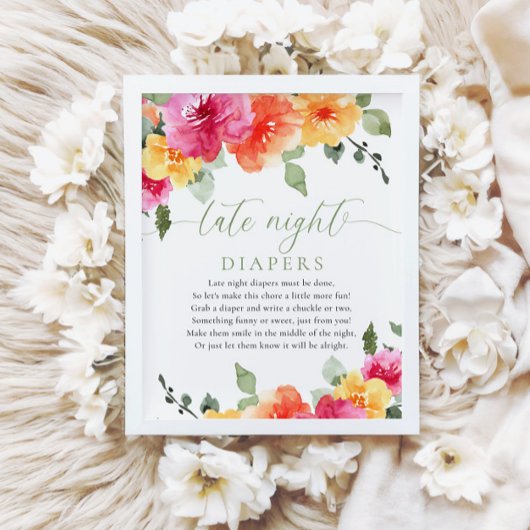 Late night luiers kleurrijke floral baby shower poster