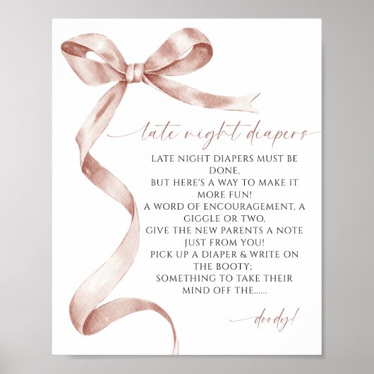 Late Night Luiers Mocha Bow Baby shower Poster (Voorkant)