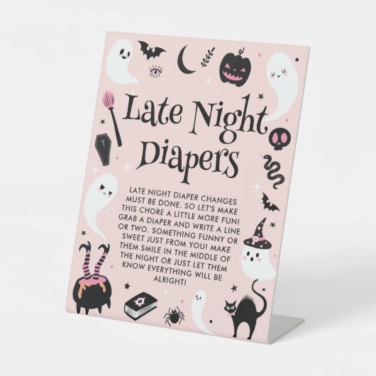 Late Night Luiers Roze Halloween Baby shower spel Reclamebord Met Voetstuk (Voorkant)