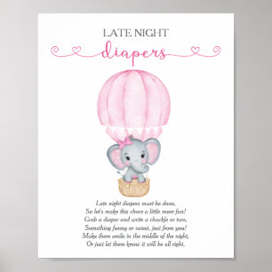 Late Night Luiers Roze Olifant Baby shower Game Poster