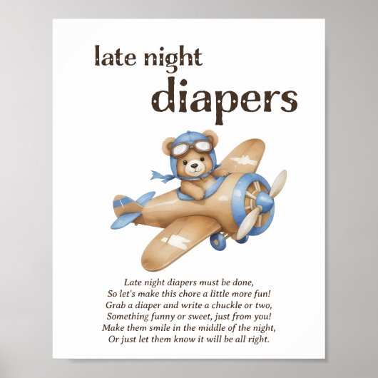 Late Night Luiers Teddy Bear Baby Boy Shower Game Poster (Voorkant)