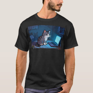 Late Night Pixel Kat Werkt aan Laptop – Gezellig M T-shirt