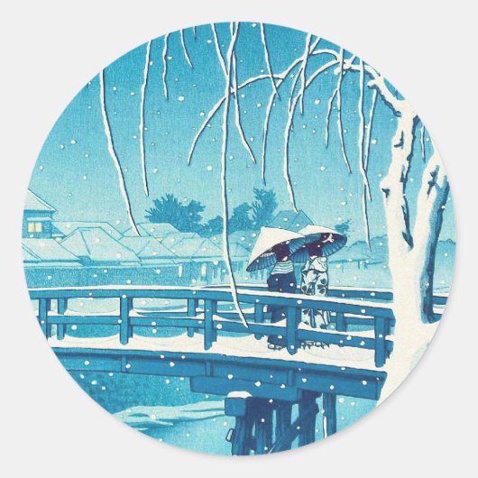 Late sneeuw langs Edo River hasui kawase winterkun Ronde Sticker (Voorkant)