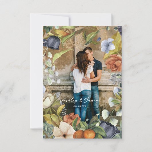 Late zomer Citrus Floral | Botanische bruiloft RSV Aankondiging (Achterkant)