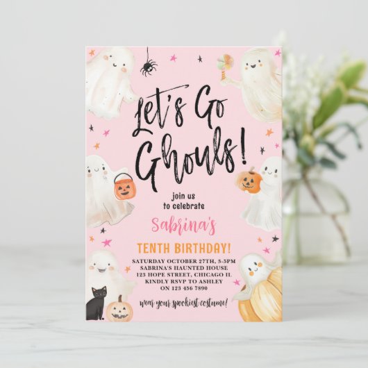 Laten gaan Ghouls Roze Halloween Meisje Verjaardag Kaart (Staand voorkant)