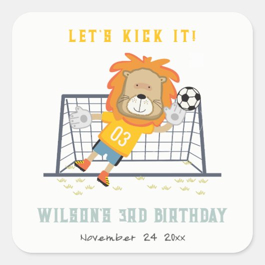Laten Kick Lion Doelman Voetbal Kinderen Verjaarda Vierkante Sticker (Voorkant)