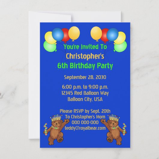 Laten we 6-de-verjaardag Beer prins Kaart (Achterkant)