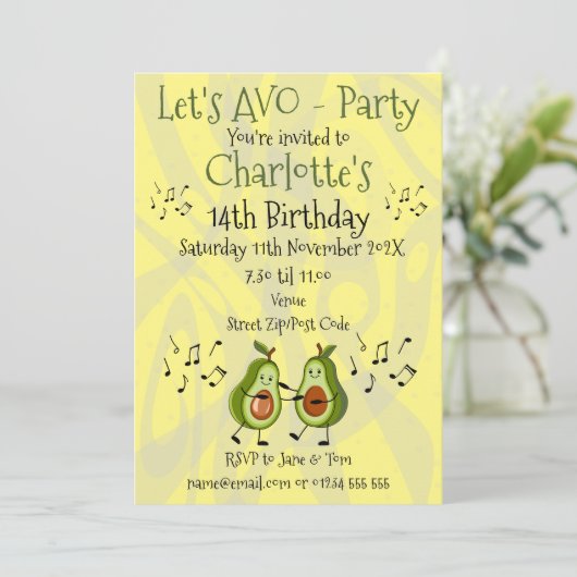 Laten we Avo-Party Avocado Pun Party Uitnodiging (Staand voorkant)