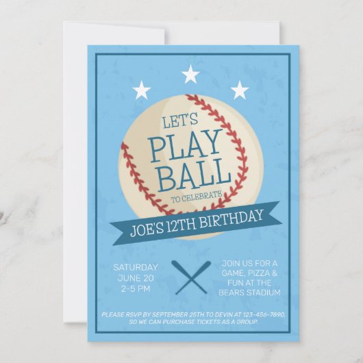 Laten we Ball Blue Baseball Verjaardag uitnodiging (Voorkant)