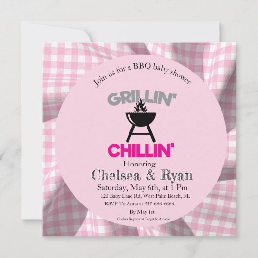 Laten we BBQ Baby Shower Uitnodiging • Gingham Bab (Voorkant)