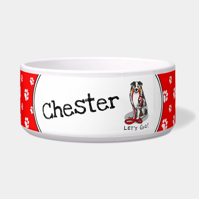 Laten we beginnen! Australian Shepherd (blauwe mer Voerbakje (Voorkant)