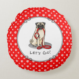 Laten we beginnen! (wandelen) Pug Dog (lichte mug) Rond Kussen