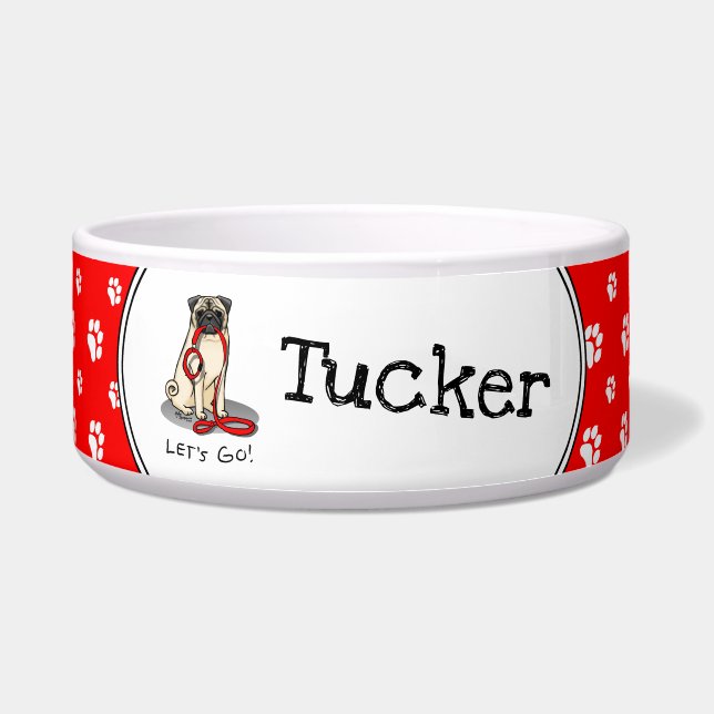 Laten we beginnen! (wandelen) Pug Dog (lichte mug) Voerbakje (Voorkant)