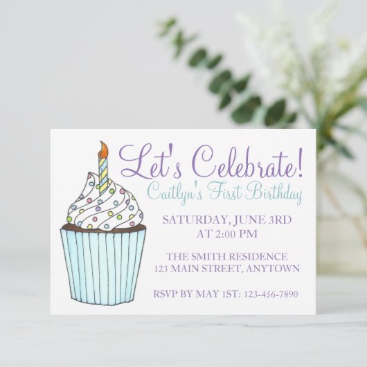 Laten we Birthday Party Blue Cupcake Cake vieren Kaart (Staand voorkant)