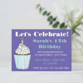 Laten we Birthday Party Blue Cupcake Cake vieren Kaart (Staand voorkant)